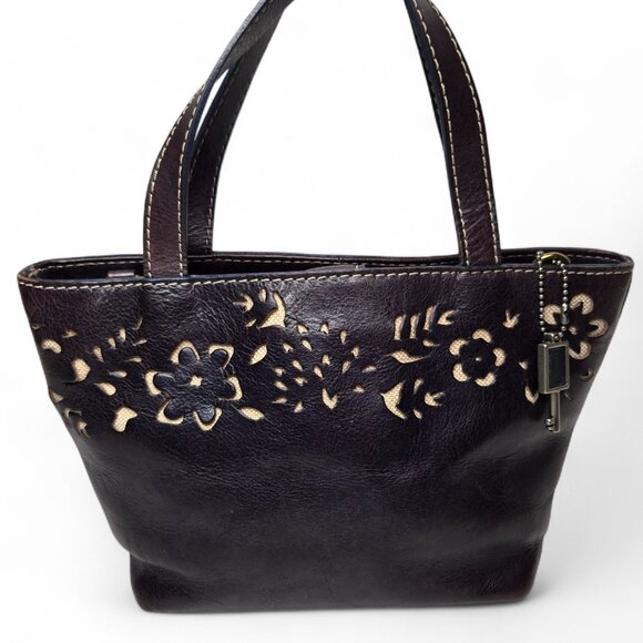 Vintage Fossil Leather Small Satchel Handbag Women's Floral Laser Cut Plum Tone - Picture 1 of 10